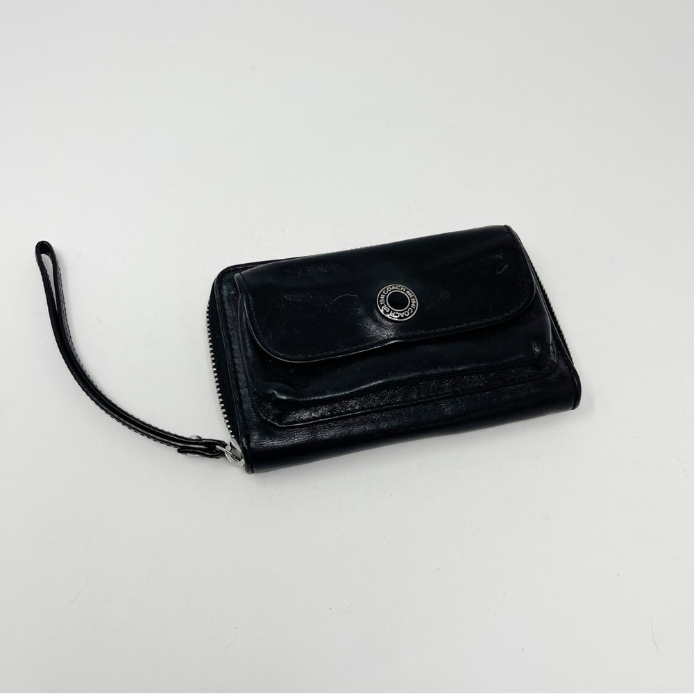 Coach Zipper Black Leather Wristlet with Outer Snap Pocket 6.5” x 4”